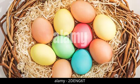 Rural Easter composition with colorful eggs in the nest Stock Photo
