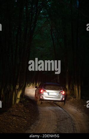 suv car riding by trail road in forest night time Stock Photo