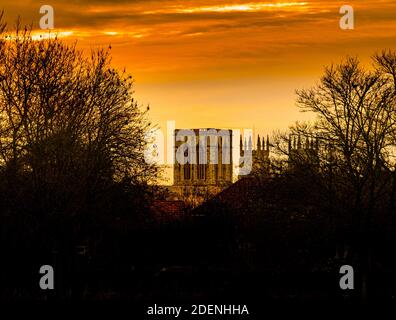 Central and North West Towers of York Minster seen from Monks Stray, in Winter at sunset. York. Stock Photo