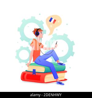 Young man learns foreign language in online course or school vector illustration. Cartoon teen student characters in headphones sitting on piles of Stock Vector