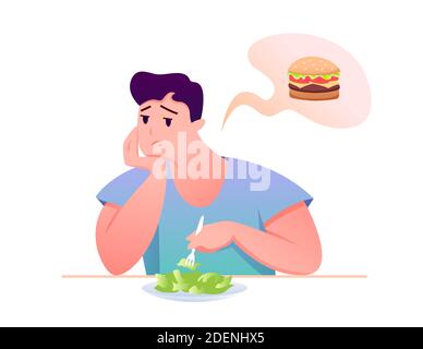 Sad fat guy eat green salad vector illustration. Cartoon man character sitting at table, eating diet healthy food, dreaming of unhealthy burger Stock Vector