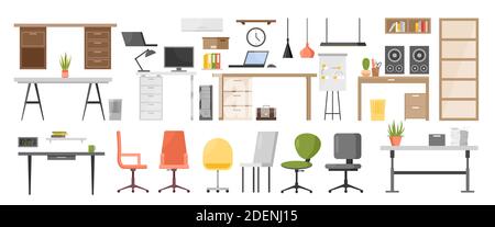 Office furniture set with chair, table with laptop, lamp Stock Vector