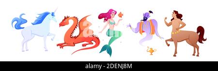 Cartoon mythology collection with myth fairy tale characters, fantastic beasts and monsters, mermaid centaur unicorn genie phoenix isolated on white. Stock Vector