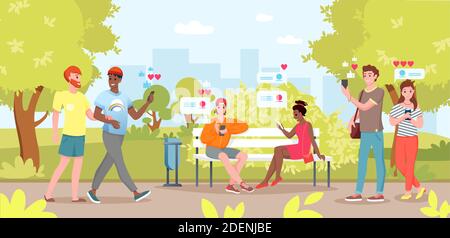 People use smartphones in city park. Cartoon flat young woman man friend characters sitting on bench in city park, holding smartphone in hand for Stock Vector