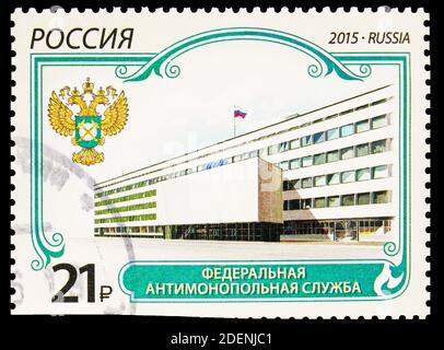 MOSCOW, RUSSIA - MAY 11, 2020: Postage stamp printed in Russia shows The Federal Antimonopoly Service, Russian State Foundations serie, circa 2015 Stock Photo