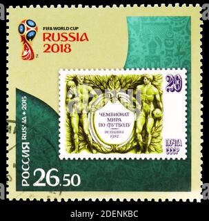 MOSCOW, RUSSIA - MAY 28, 2020: Postage stamp printed in Russia shows Spain 1982 year, FIFA World Cup 2018 Russia serie, circa 2015 Stock Photo