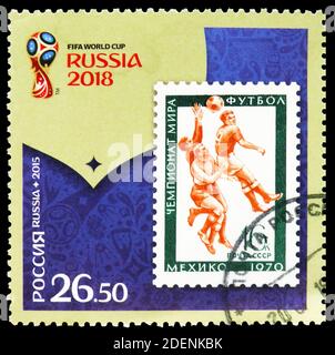 MOSCOW, RUSSIA - MAY 28, 2020: Postage stamp printed in Russia shows Mexico 1970 year, FIFA World Cup 2018 Russia serie, circa 2015 Stock Photo