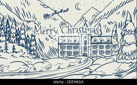 Winter landscape with mountains and snow. Christmas forest with fir trees and castle. Santa claus on a sleigh with reindeer in the sky. Hand drawn Stock Vector