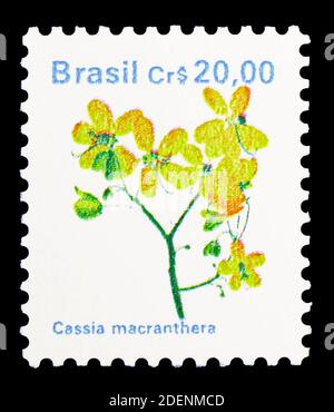 MOSCOW, RUSSIA - JUNE 28, 2020: Postage stamp printed in Brazil shows Brazilian Flora, Cassia macranthera, Flora serie, circa 1990 Stock Photo