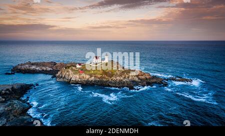 Aerial view of Nubble lighthouse in York, ME at sunset Stock Photo
