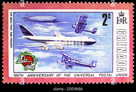 MOSCOW, RUSSIA - JUNE 28, 2020: Postage stamp printed in Grenada shows Air mail transport, U.P.U. (Universal Postal Union), Centenary serie, circa 197 Stock Photo