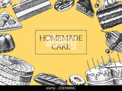 Baker shop menu chalkboard, bread and pastry, bakery food vector sketch ...