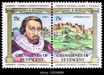 MOSCOW, RUSSIA - JUNE 28, 2020: Two postage stamps printed in Saint Vincent Grenadines shows King James I, Edinburgh Castle, British Monarchs serie, c Stock Photo