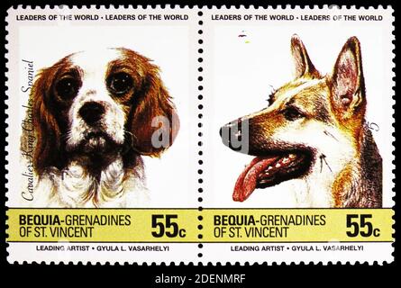 MOSCOW, RUSSIA - JUNE 28, 2020: Two postage stamps printed in Saint Vincent Grenadines shows Cavalier-King-Charles-Spaniel (Canis lupus familiaris) an Stock Photo