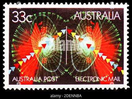 MOSCOW, RUSSIA - JUNE 28, 2020: Postage stamp printed in Australia shows Rod antenna, electromagnetic field, Electronic Mail serie, circa 1985 Stock Photo