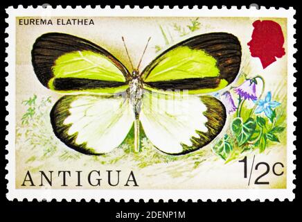 MOSCOW, RUSSIA - JUNE 28, 2020: Postage stamp printed in Antigua shows Straight-barred Grass Yellow (Eurema elathea), Butterflies serie, circa 1975 Stock Photo