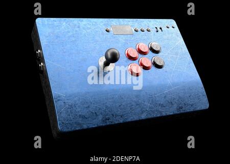 Vintage used arcade stick with joystick and tournament buttons and scratches Stock Photo