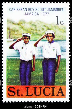 MOSCOW, RUSSIA - JUNE 28, 2020: Postage stamp printed in Saint Lucia shows Sea Scouts, Carribean Boy Scout Jamborée - Jamaica 1977 serie, circa 1977 Stock Photo