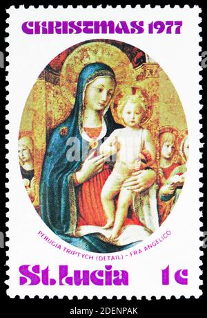 MOSCOW, RUSSIA - JUNE 28, 2020: Postage stamp printed in Saint Lucia shows Virgin and Child, by Fra Angelico, Christmas 1977 serie, circa 1977 Stock Photo
