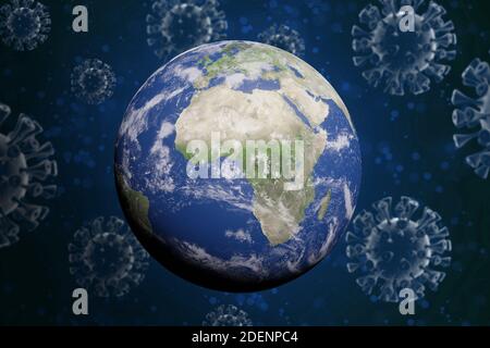 The earth under coronavirus covid-19 attack. The planet earth surrounded by coronavirus particles concept Stock Photo