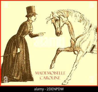 MADEMOISELLE CAROLINE  (The Greatest Female Equestrian in Europe') -    On 8 September 1842  the  Vauxhall Gardens, (the London Pleasure Gardens that originally opened in 1661) presented its  'Final Masquerade'. Among the artistes performing was Mademoiselle Caroline, a French performer and equestrienne who specialised in making her horse to dance & obey her every request. Masquerades  were performance where the audience dressed in masks  and fancy dress. Despite the event's name the Gardens did not actually close at that time. Their 'Last Night Forever' performance took place on 25 June 1859. Stock Photo