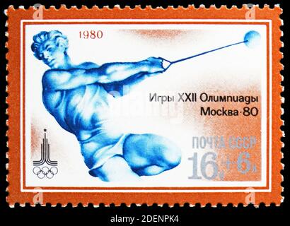 MOSCOW, RUSSIA - JUNE 28, 2020: Postage stamp printed in Soviet Union shows Hammer Throw, Summer Olympics 1980 (XIV) serie, circa 1980 Stock Photo