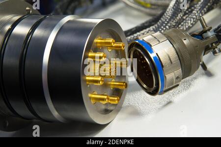 Multi-function cable assembly. Power connector close-up. Power cable connections. Concept - installation of industrial equipment. Multichannel connect Stock Photo