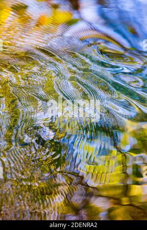 Groovy patterns and colours on the flowing water of a river in Autumn Stock Photo