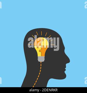 Silhouette of man head with light bulb with puzzles inside, brainstorm and creative idea. Strategic thinking and planning concept, idea symbol. Vector Stock Vector