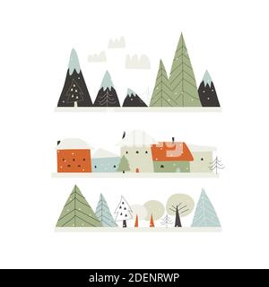 Cartoon winter landscape with houses,mountains and trees Stock Vector