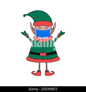 Elf of Santa in medical mask isolated on a white background. Stock Vector