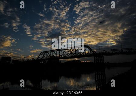 Beautiful view of the Sylhet Kean Bridge over Surma River before sunset. Bangladesh. Stock Photo