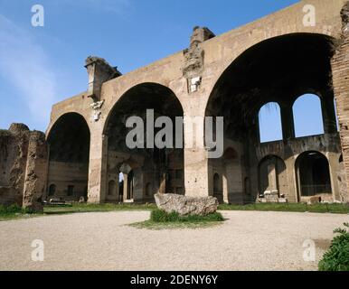 Italy, Rome. Basilica of Maxentius and Constantine. Roman Forum. It was begun by Maxentius and completed by Constantine after 313. Stock Photo