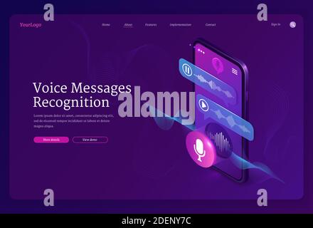 Voice messages recognition banner. Mobile application for recording sound, dictate messages and speech. Vector landing page with isometric illustration of smartphone with voice chat and microphone Stock Vector