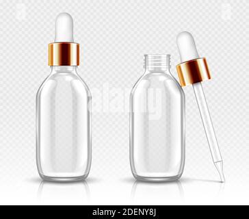 Realistic glass bottles with dropper for serum or oil. Cosmetic flask or vials for organic aroma essence, anti-aging essential collagen for beauty care, isolated transparent flacon 3d vector mock up Stock Vector