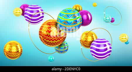 Abstract background with 3d spheres and gold rings. Vector holographic composition of balls with color pattern and ornament and golden rings. Modern creative geometric wallpaper Stock Vector