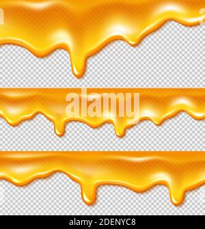 Dripping gold liquid honey borders isolated on transparent background. Vector realistic set of syrup flow with drops, oil, sticky caramel or sweet orange cream Stock Vector