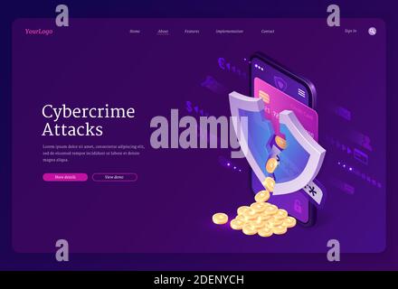 Cybercrime attack isometric landing page. Smartphone screen with cracked shield and coins scatter from bank card, theft of account personal data in internet, hacking cyber crime, 3d vector web banner Stock Vector