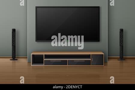Home theater with tv screen and speakers in modern living room. Vector realistic interior with plasma television hanging on wall, sound stereo system and stand on wooden floor Stock Vector