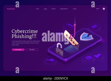 Phishing cybercrime isometric landing page. Fishing hook catch account password from smartphone screen. Scammer or fraud theft personal data in internet, hacking cyber crime, 3d vector web banner Stock Vector