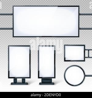 Blank billboards displays, empty white LCD screens or stands for advertising. Horizontal, vertical, round and rectangular blank banners isolated on transparent background, realistic 3d vector set Stock Vector