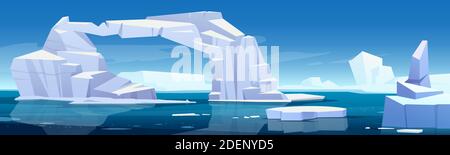 Arctic landscape with melting iceberg and glaciers floating in sea. Concept of global warning and climate change. Vector cartoon illustration of polar or antarctic ice in blue ocean water Stock Vector