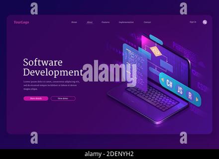 Software development isometric landing page. Website or program coding cross platform, algorithm programming languages interface on computer screen, technology process, app creation 3d vector banner Stock Vector