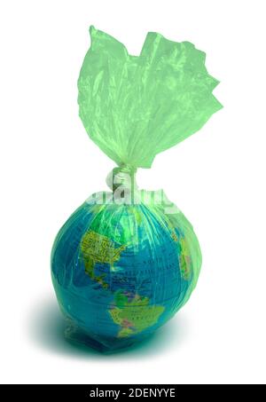Planet Earth in Green Trash Bag Cut Out on White. Stock Photo