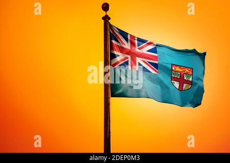 Fiji Flag, Flag waving with Sunrise Stock Photo