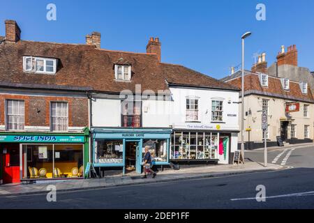 Small shops and restaurant in Salisbury Street, Blandford Forum, a small market town in Dorset, south-west England, with typical Georgian architecture Stock Photo