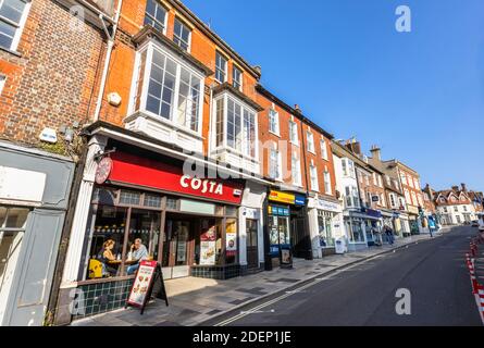 Small shops in Salisbury Street, Blandford Forum, a traditional market town in Dorset, south-west England, with typical Georgian architecture Stock Photo