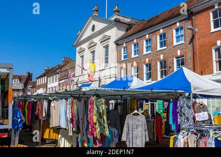 The Town Hall and Corn Exchange in Market Place on market day, Blandford Forum, a market town in Dorset, southwest England, with Georgian architecture Stock Photo