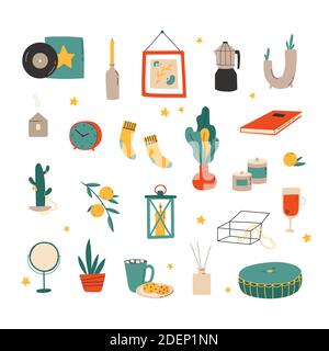 Hygge decor things. Winter holiday decor set. Stock Vector