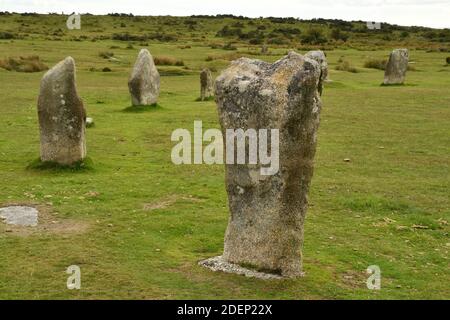 A portion of the Late Neolithic or Early Bronze Age prehistoric  Hurlers stone circle on Bodmin Moor .Bodmin, Cornwall.UK Stock Photo